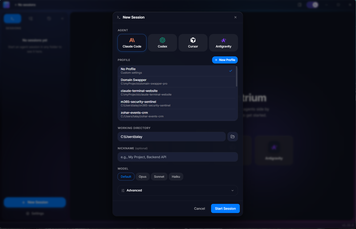 New Session dialog with agent, profile, and model pickers