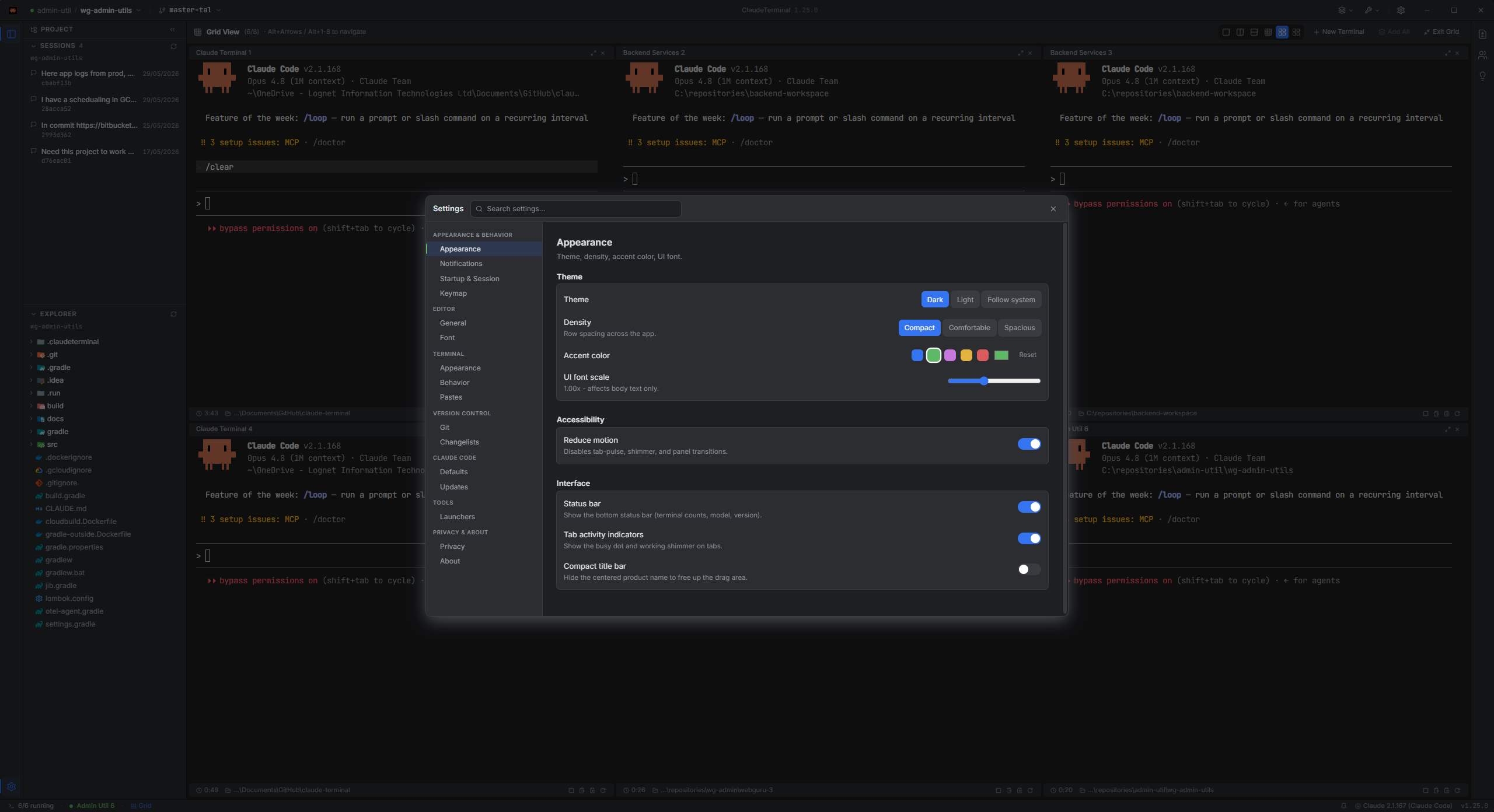 Settings panel